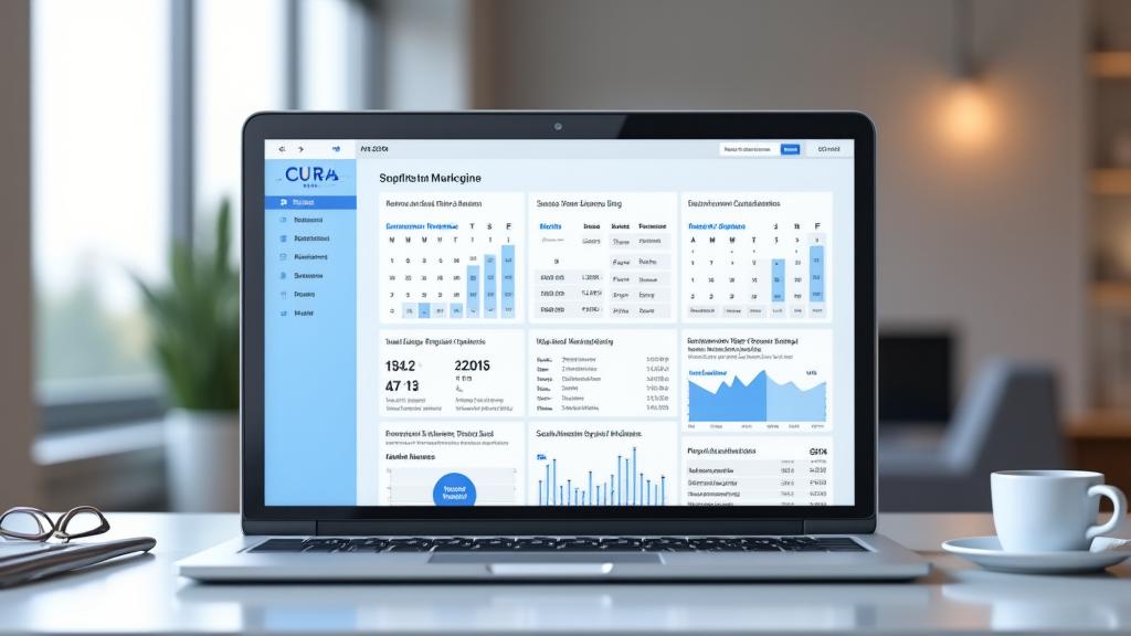 Mockup della dashboard della piattaforma Cura Antica su un laptop, che mostra calendari e analisi della struttura.