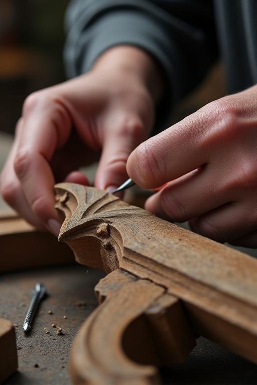 Mani di un artigiano che restaurano un dettaglio architettonico in legno antico.